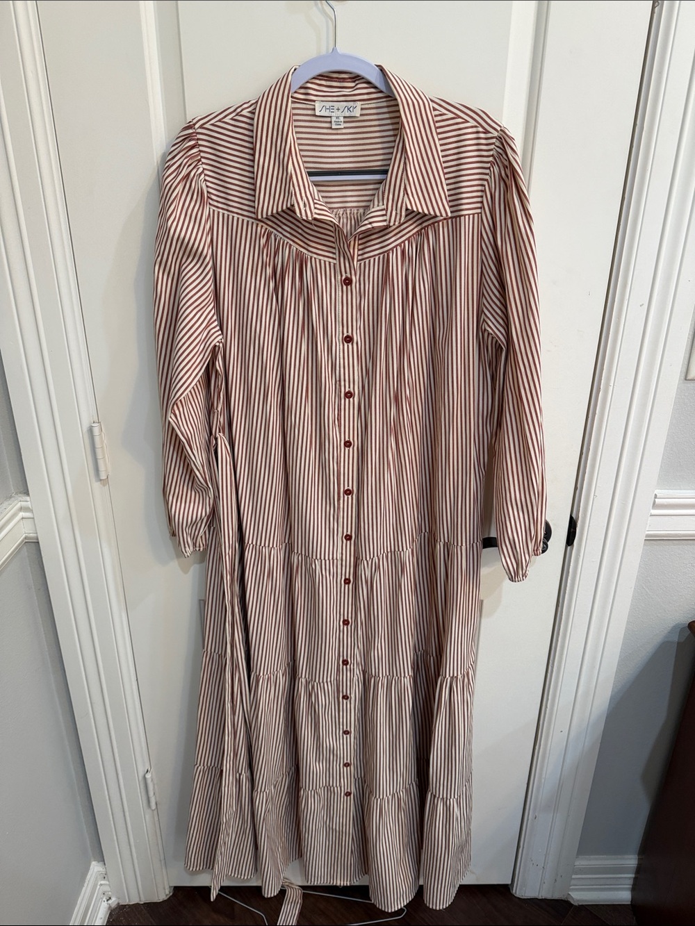 She + Sky Rust and White Striped Button-Down Maxi Dress
